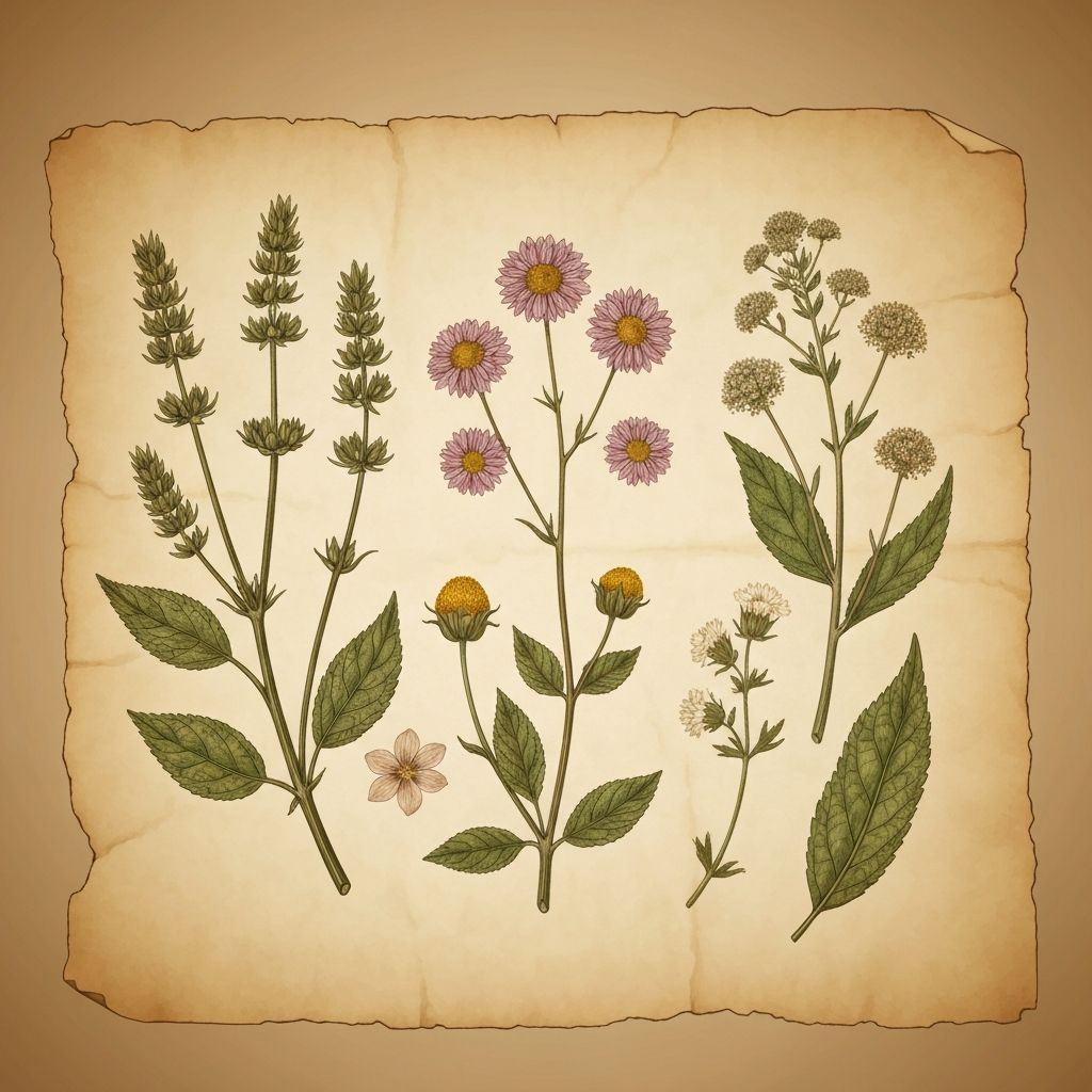 Getrocknete Heilkräuter auf Pergament